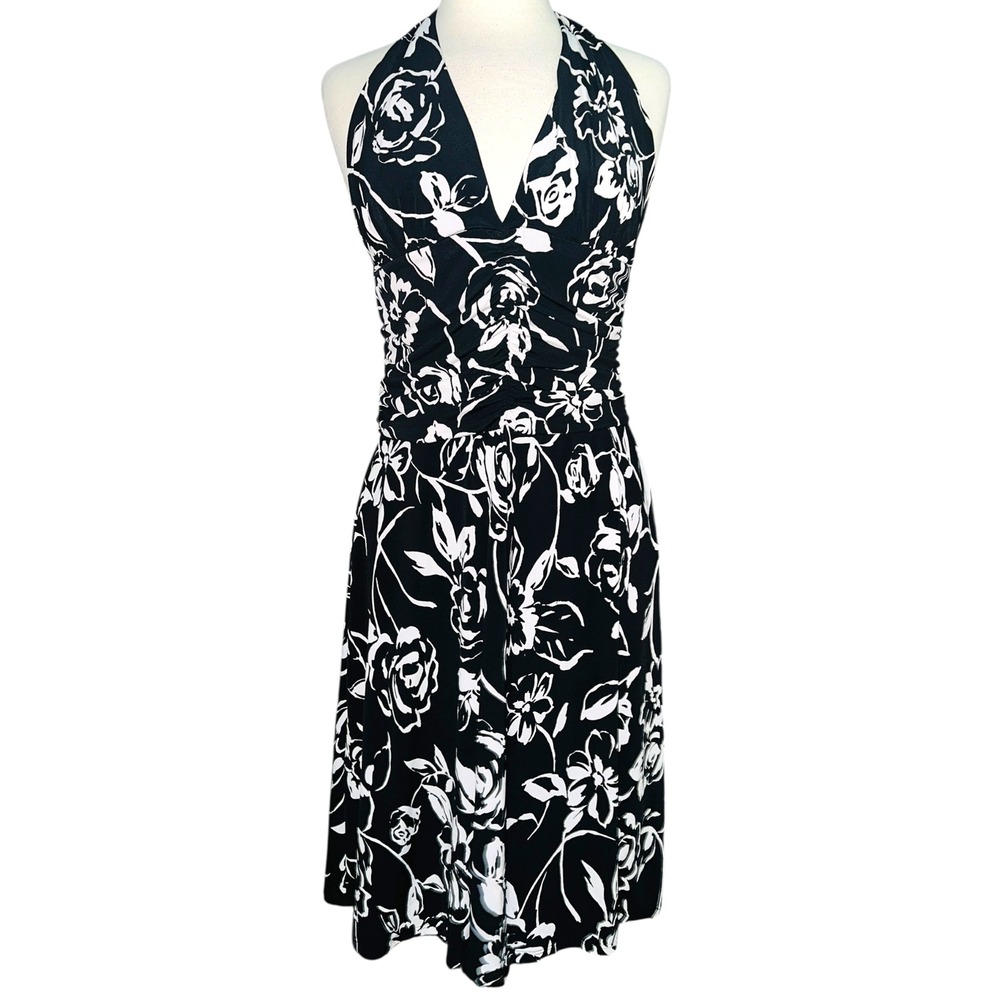 WB2‎ Y2K White House Black Market Floral Halter Dress Black White Medium WHBM